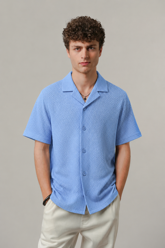 Premium Popcorn Cuban Collar OVERSIZED-SHIRT  (Sky Blue)