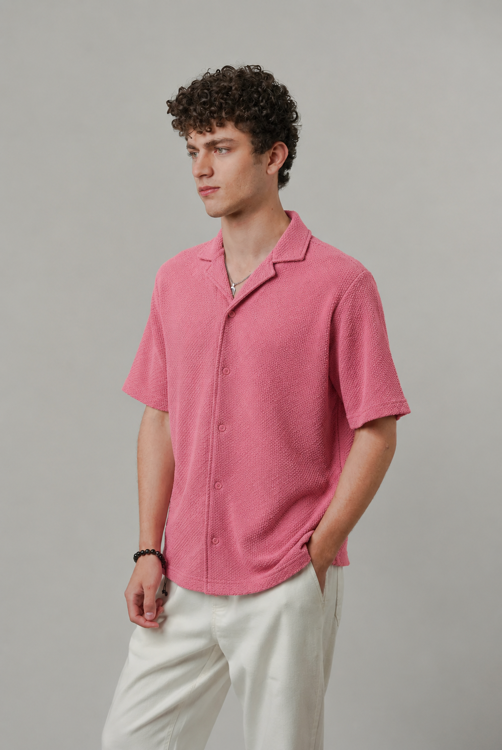 Premium Popcorn Cuban Collar OVERSIZED-SHIRT (Dusty Pink)