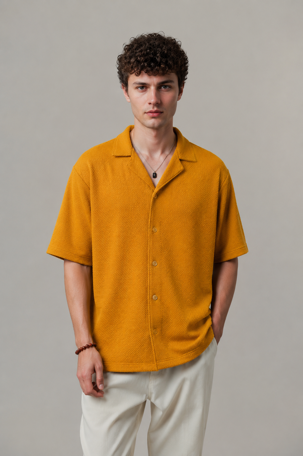 Premium Popcorn Cuban Collar OVERSIZED-SHIRT (Mustard)