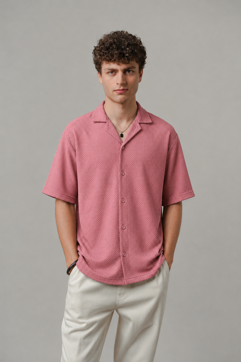 Premium Popcorn Cuban Collar OVERSIZED-SHIRT (Dusty Pink)