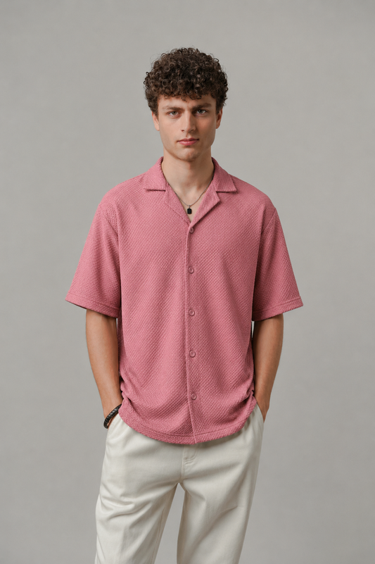 Premium Popcorn Cuban Collar OVERSIZED-SHIRT (Dusty Pink)