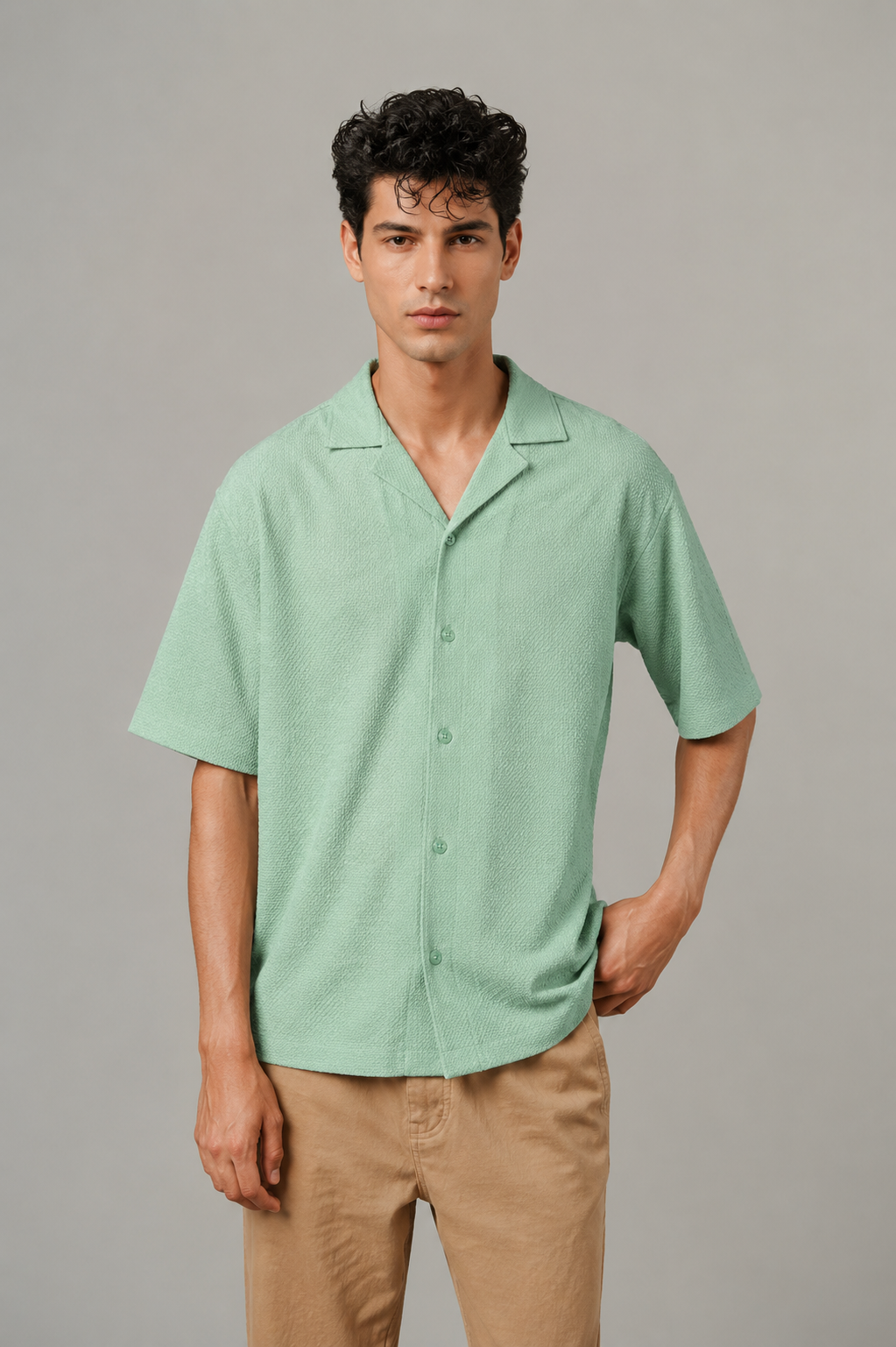Premium Popcorn Cuban Collar OVERSIZED-SHIRT (Mint)