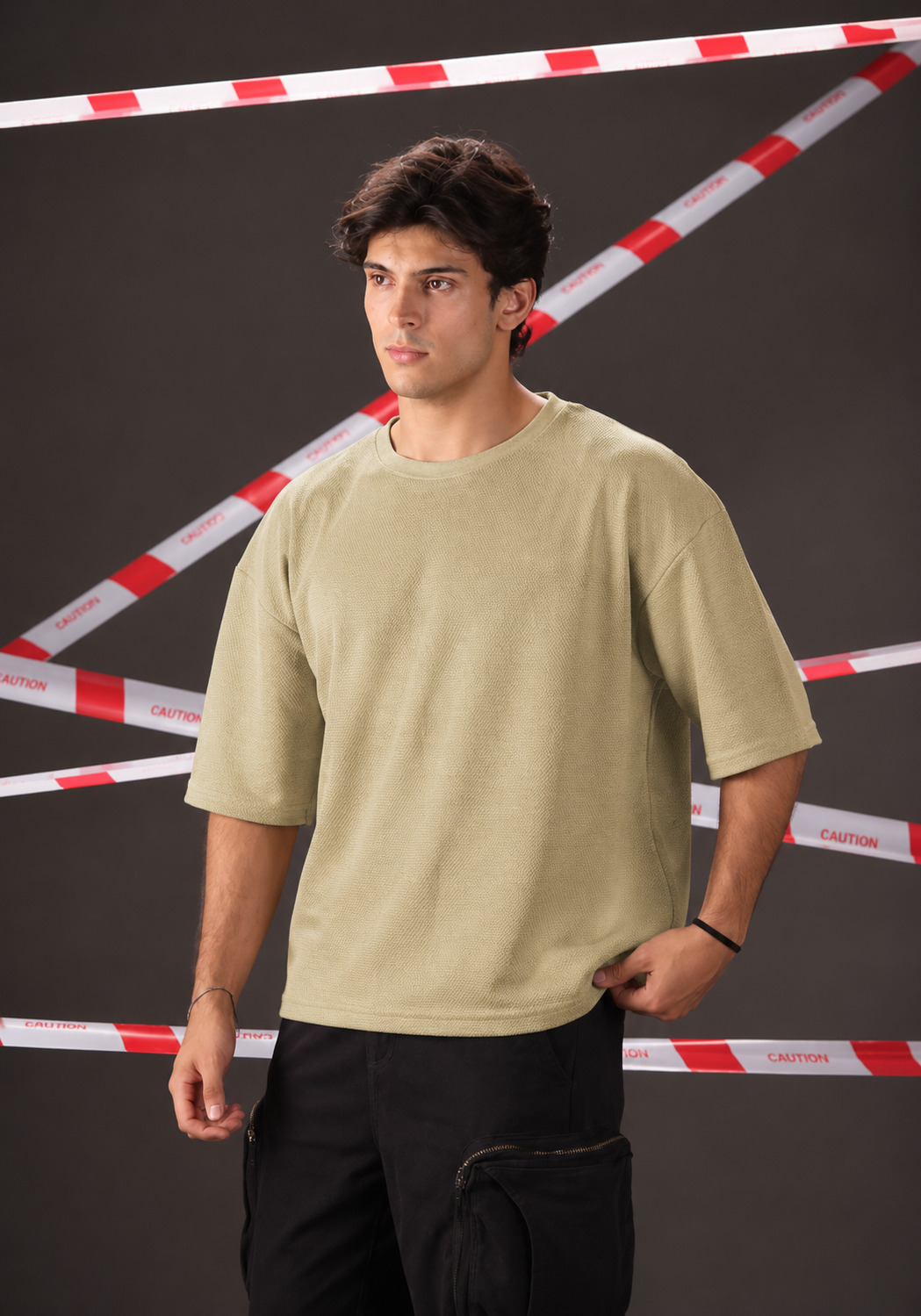 Premium Popcorn Texture Oversized T-Shirt Beige